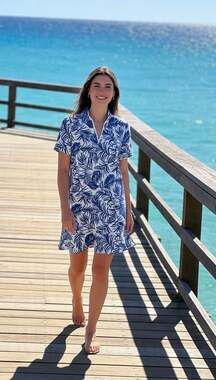 NWT Tommy Bahama Golf Blue Palm Leaf Print Quarter-Zip Ruffle Hem Dress Size S